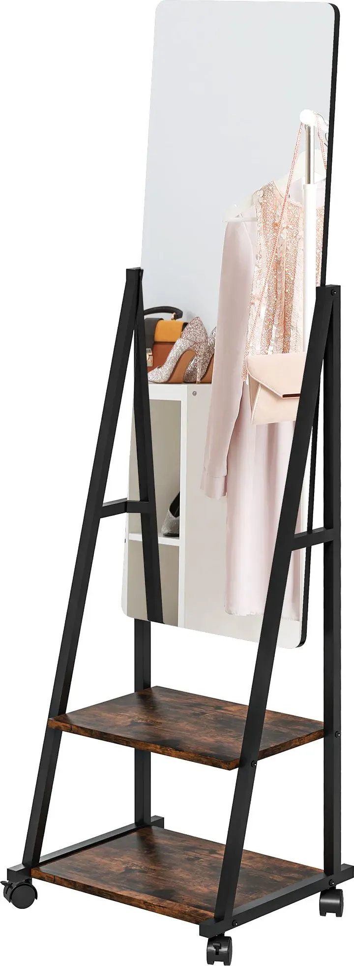 HOMCOM Stehspiegel rechteckiger Bodenspiegel mit verstellbarem Winkel 2 Regale 4 Rollen - Maße 42L x 37B x 155H cm - Schwarz und rustikales Braun   Aosom
