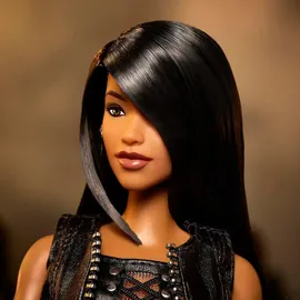 Barbie Signature Aaliyah Sammelfigur im schwarzen Kunstleder-Outfit, inspiriert vom Musikvideo zu One in a Million, HRM80
