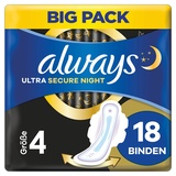 Always Ultra Binden Damen Gr. 4, Secure Night (18 Damenbinden mit Flügeln) Big Pack, dünn und super saugfähig, geruchsneutralisierend und Auslaufschutz