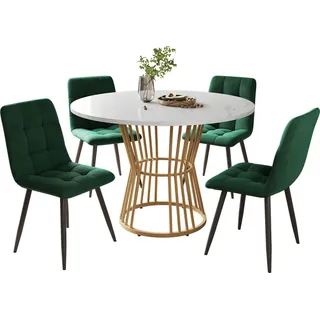 Esstisch-Set (5-teilig) Grün Samt Runder Esstisch mit 4 Stühlen Küchentisch-Set goldenen Metallbeinen Weiße MDF-Tischplatte Esszimmerstühle - Grün