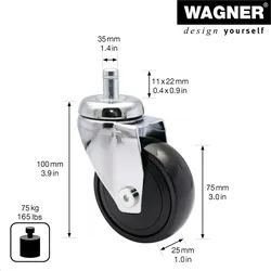 WAGNER 360° - 3C Design-Lenkrolle - Ø 75 mm, soft, Kugellager, Steckstift 11x22 mm, verchromt, Tragkraft 75 kg- 01227961