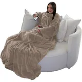 Brandsseller Flauschige TV-Decke mit Ärmeln 150x180 cm in Cashmere Feeling - Fußsack und 2 Taschen - Kuscheldecke Tagesdecke Taupe-Grau
