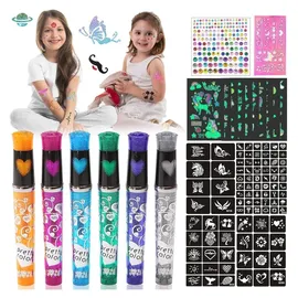 luxuskollektion Glitzer Tattoo Stifte Kinder 6 Farben Schablonen Einhorn Leuchtend