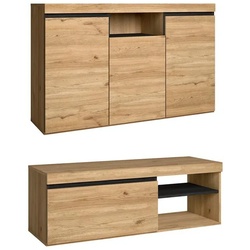 SKRAUT HOME Natürliches Wohn-Esszimmer-Set, Beistellmöbel-Buffet-TV-Schrank 120cm Eiche Nordisch schwarz - SETNAT120