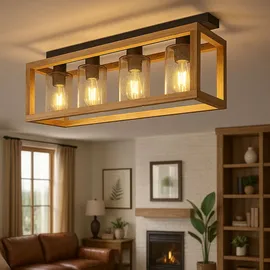 GLOBO - Deckenlampe Esstisch Retro Deckenleuchte rustikal Landhaus Deckenlampe Wohnzimmer Holz, Mdf Glas rauch Metall, 4 Flammig E27, Lxbxh 75x20x22,5 cm