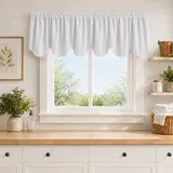 Aquazolax Querbehang für Fenster, Stangenschlaufen, Küche, Keller, Schlafzimmer, Badezimmer, kurz, dekorative Gardine mit Bogenkante, ca. 132 x 46 cm (B x L), 2 Schals, Gräulichweiß