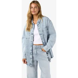 Noisy May Damen Jeansjacke Oversize Denim Übergangsjacke Dropped Shoulder Shacket Bleached Design, Farben:Hellblau, Größe:XS - XS
