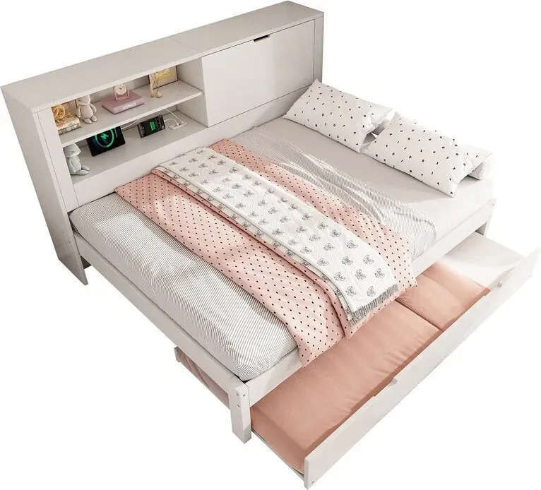 URBAN MEUBLE Schlafsofa Doppelbett mit ausziehbarem Bett, 140x190 cm, weißer Holzrahmen, Stauraum-Kopfteil, USB-Ladestation, 2-teiliges Set