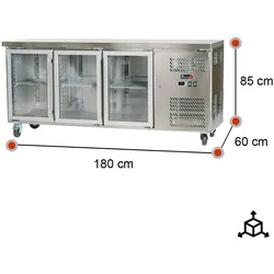 Romux® Kühltisch mit 3 Glastüren 180x60 cm mit Luftkühlung | Theken Kühlschrank aus Edelstahl mit Kapazität 339 L und Leistung 750 W