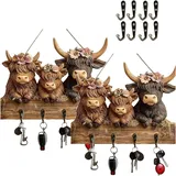 OYCXXCX Schlüsselhalter mit Hochlandrind-Motiv, 2D-Wandmontage, flacher Haken aus Holz, mit 4 Metallhaken, für die Wandmontage, Handtuchhaken, Schlüsselhaken und Garderobenhaken (2PCS)