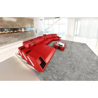 Sofa Dreams Wohnlandschaft Ledercouch Sofa Leder Apollonia C Form Ledersofa, Couch, mit LED, wahlweise mit Bettfunktion als Schlafsofa, Designersofa rot|schwarz