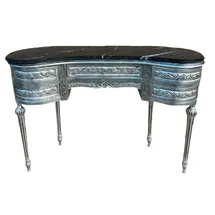 Casa Padrino Barock Sekretär mit Marmorplatte und 5 Schubladen Silber / Schwarz - Handgefertigter Massivholz Schreibtisch im Barockstil - Barock Büro Möbel