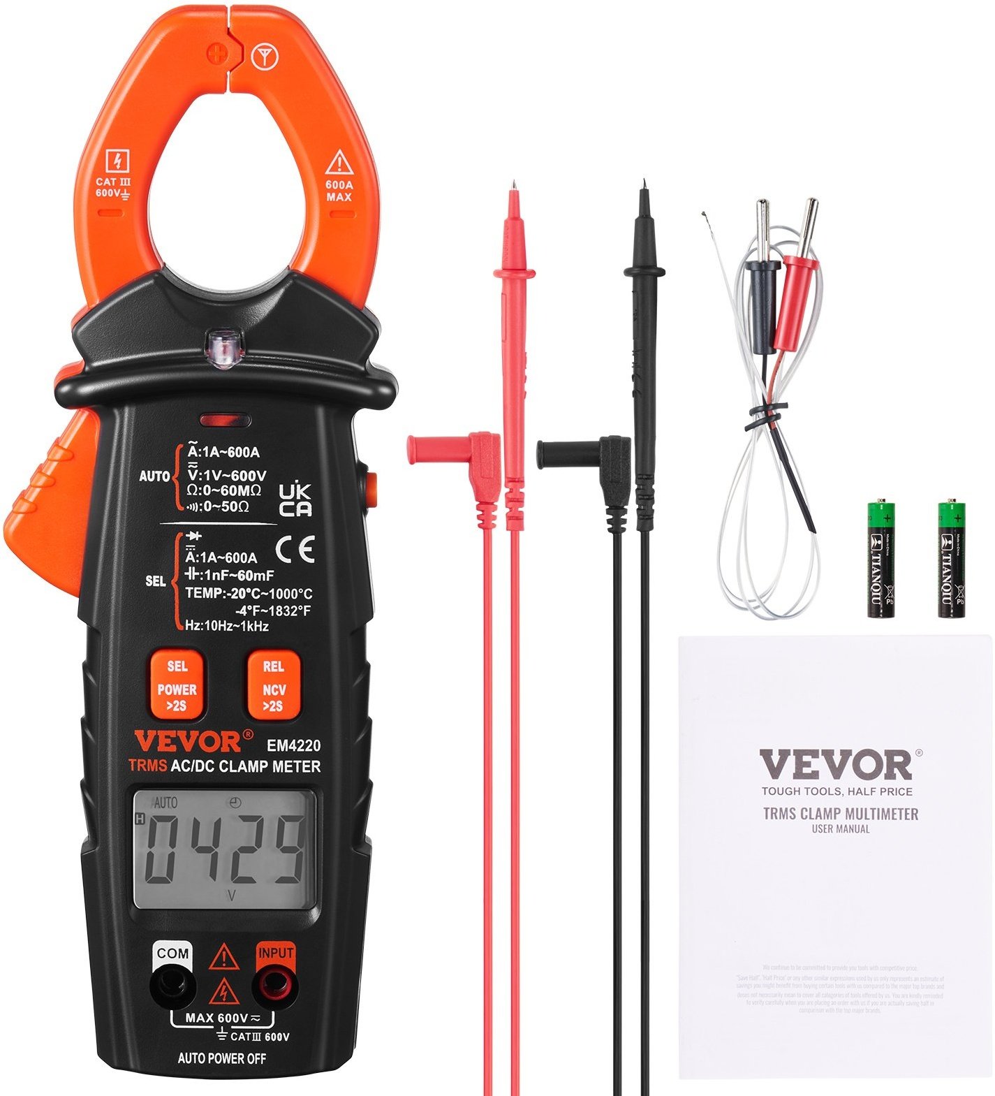 VEVOR Stromzange 600A True-RMS Zangenmultimeter 5999Counts Zangenmessgerät Für Gleich-/Wechselstrom Gleich-/Wechselspannung Frequenz Widerstand Diodentest Ein-/Ausschalttest Kapazitäts-/Relativwert