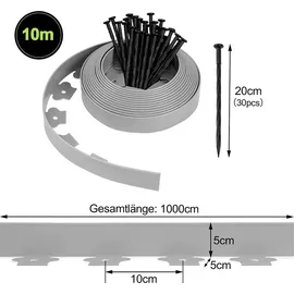 Woltu Flexible Rasenkante Kunststoff mit 60 Erdanker, Garten Beeteinfassung Länge 20 m, Höhe 5 cm, Rasenbegrenzung Wurzelsperre System, Grau