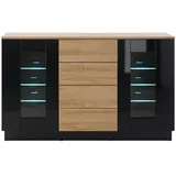 furn.design Sideboard, Schwarz Hochglanz, Eiche, Holzwerkstoff, Nachbildung,Eiche, 6 Fächer, 4 Schubladen, Sockel, 136x85x43 cm, FSC 100%, Wohnzimmer, Kommoden & Sideboards, Sideboards