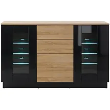 furn.design Sideboard, Schwarz Hochglanz, Eiche, Holzwerkstoff, Nachbildung,Eiche, 6 Fächer, 4 Schubladen, Sockel, 136x85x43 cm, FSC 100%, Wohnzimmer, Kommoden & Sideboards, Sideboards