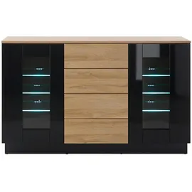 furn.design Sideboard, Schwarz Hochglanz, Eiche, Holzwerkstoff, Nachbildung,Eiche, 6 Fächer, 4 Schubladen, Sockel, 136x85x43 cm, FSC 100%, Wohnzimmer, Kommoden & Sideboards, Sideboards