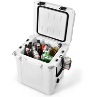 GYMAX 31L Kühlbox mit Griff, Outdoor Tragbare Thermobox mit 3 Getränkehalter & 2 Flaschenöffner, Gefrierbox mit Fisch Lineal, Schneidebrett & Korb, für Camping, Picknick, Angeln, Party, Weiß