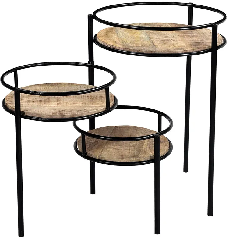 Support de plantes modulable en bois manguier massif et métal noir L50 cm THREE