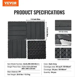 Vevor Terrassenfliesen, 54er-Set, Balkonfliesen 295 x 295 mm, Klickfliesen, wasserdichter Kunststoff-Bodenbelag für den Außenbereich, Terrassenbodenbelag für Veranda, Pool, Balkon, Hinterhof, Dunkelgrau