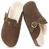 Dokela Clogs Winter Herren Hausschuhe Gefüttert Winter Pantoletten Wärme Plüsch Latschen Leder Schlappen Mit Fußbett rutschfest Kaffee 47 - 47 EU