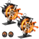 BlingBin Kaminventilator Ofenventilator Ohne Strom, Leiser Kamin Ventilator Kaminlüfter, 6 Flügel Leiser Ofenventilator mit Thermometer für Holz/Holzofen schwarz