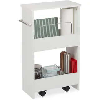 Relaxdays Nischenwagen, 2 Fächer, Nischenregal mit Rollen, 20 cm breit, schmales Regal Bad & Küche, MDF, Rollregal, weiß