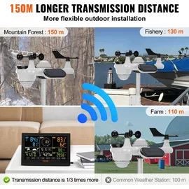 Vevor 7-in-1 Wetterstation Funkwetterstation mit Außensensor 7,5" Farbdisplay RCC-Atomuhr zur Messung von Windrichtung Windgeschwindigkeit Luftdruck Innen/Außentemperatur und -feuchtigkeit Mondphase