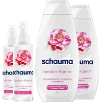 Schauma Sprühpflege Seiden-Kamm (2x200 ml) Hitzeschutz für seidig-glänzendes Haar & Entwirrendes Shampoo Seiden-Kamm (2x400 ml) Glanz für stumpfes Haar, mit Rosen-Öl