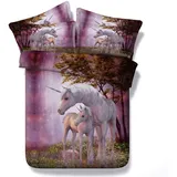 Bettwäsche Set Einzelbett 135x200 3D Einhorn Weißes Pferd Wald Muster Lila Bettbezug und Kissenbezug 3 Stück Superfeines Polyester Weich und atmungsaktiv