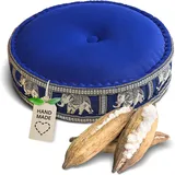 livasia Meditationskissen mit Thaiseide - Ø 45x15cm - Yogakissen mit Kapok, Pouf, Bodenkissen für Yoga und Zen Meditation, Sitzkissen für Garten und Balkon, Zafukissen (Blau/Elefanten Seide)