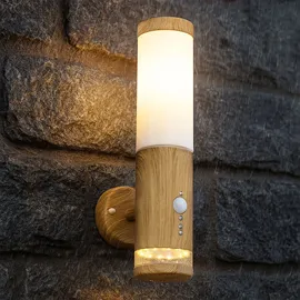GLOBO Aussenleuchte Außenlampe Bewegungsmelder Edelstahl mit Bewegungsmelder Wandlampe Aussen Edelstahl, Holz Optik mit Deko Led, 1x E27, Bxh 8,5 x 35 cm