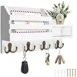 MaxEarn Holz Schlüsselhalter mit 4 Doppelhaken, Dekorative Schlüsselhaken Wand mit Ablage, Schlüsselbrett Holz Wandregal Schlüsselkasten mit Aufbewahrung für Flur, Eingang, Wohnzimmer, Weiß