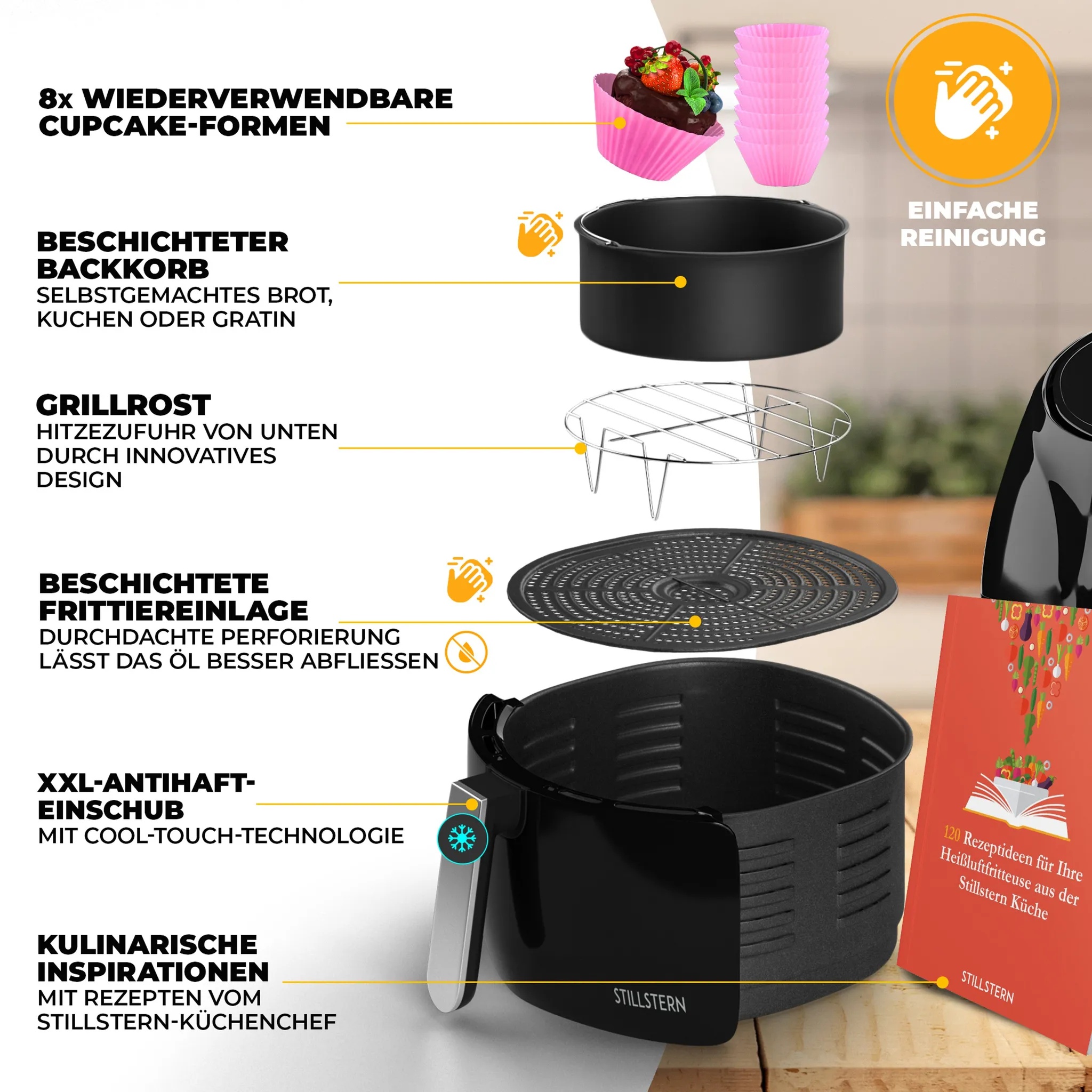 Stillstern Heißluftfritteuse 6,5L mit LED-Touchscreen, 120 Rezepte [Deutsch], 10 Programme, Timer [120Min], Auftauen&Warmhalten, Shake-Funktion, 1800W Air Fryer XXL Friteuse Heissluftfritteuse ohne Öl