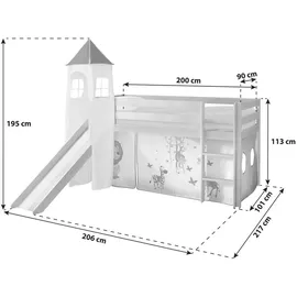 TICAA Hochbett Kasper mit Rutsche und Turm 90 x 200 cm Kiefer massiv natur safari