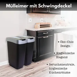 2friends 2er Set Mülleimer 50 Liter Abfalleimer mit Schwingdeckel Kunststoff schwarz/Silber - Schwarz/Silber