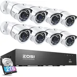 ZOSI 8CH 2K 5MP POE Überwachungskamea Set, 8X Netzwerk IP Kamera Überwachung Aussen Set mit 2TB Festplatte, Bewegungserkennung, IR Nachtsicht