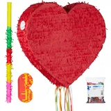 Relaxdays 4-teiliges Set Pinata Herz inkl. Stab & Augenmaske & Konfetti zum Befüllen mit Süßigkeiten romantisch hängend rot