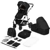 lionelo Amber Kinderwagen 2 in 1 Kombikinderwagen, Kinderwagen Set mit sportlichen Sitz und fester Babywanne, Tasche, Moskitonetz, Abdeckung Regenblatt (Schwarz