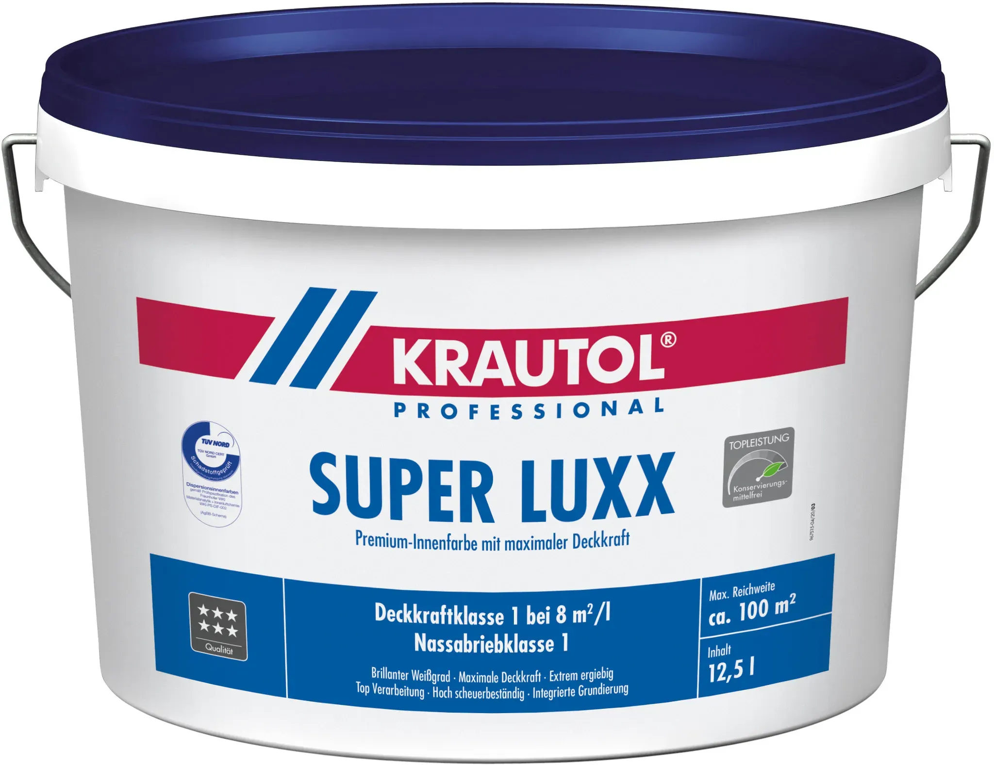 Krautol Premium-Wandfarbe SUPER LUXX konservierungsmittelfrei, mit maximaler Deckkraft, 5 Liter, weiß
