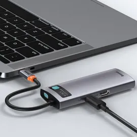 Baseus Metal Gleam USB-C zu 3x USB 3.0 + HDMI + USB-C PD + Ethernet RJ45 - USB 3.0 - 6 Ports), Dockingstation Hub Grau
