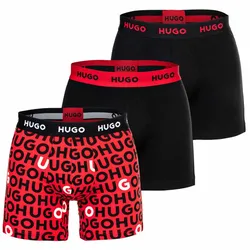HUGO Herren Boxershorts, 3er Pack - Boxer Brief Design, Muster, Logo, Cotton Stretch Schwarz/Rot M
