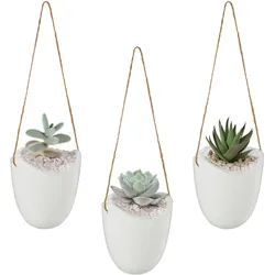 Relaxdays Wandvase 3er Set, Hängetopf innen, mit Schnur zum Aufhängen, Blumenampel, für Pflanzen & Blumen, Keramik, weiß