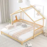 SOFTWEARY Ausziehbett, Kinderbett mit Lattenrost und ausziehbarer Liegefläche, 90x200 cm/180x200 cm, Holzbett aus Kieferholz, Hausbett, Jugendbett - Naturbelassen