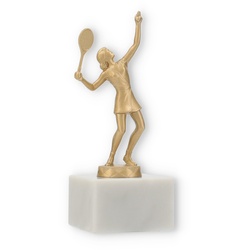 Pokal Metallfigur Tennis Damen goldmetallic auf weißem Marmorsockel 17,0cm