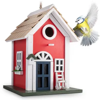 GARDIGO® Vogelhaus - Landhaus aus Holz I Dekorativer Nistkasten in Rot I Vogelhaus zum Aufhängen I Vogelfutterhaus im Schwedenhaus-Stil I Nisthilfe Vogelhäuschen für Garten Balkon Terrasse