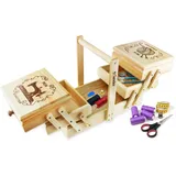 Sendez XXL Nähkasten aus Holz mit Motiv – Großer Nähkorb & Nähkästchen mit 5 Fächern zur Aufbewahrung von Nähzeug – Klappbar aus robustem Kiefernholz, Handarbeit Organizer für Nähzubehör