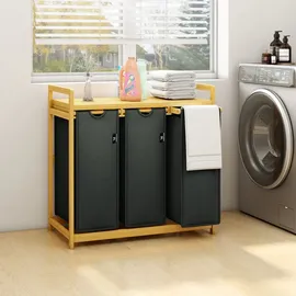 ADEL DREAM AdelDream Wäschekorb mit Bambusrahmen 150 l, 3 Fächer Wäschesammler Grau - Grau