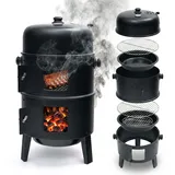 Relaxdays Smoker, 3 In 1, Grillen, Räuchern & Garen, Thermometer & Luftabzug, Wasserschalen, Stahl, Räucherofen, Schwarz