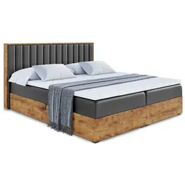 altdecor Boxspringbett LOLLI4 mit H4-Matratze, Kopfteil und Bettkasten mit Eiche Holz - 200x200 - Schwarz Kunstleder - Schwarz